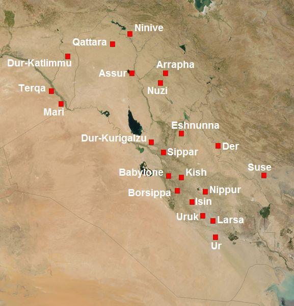 Kaart van Mesopotamië met de vroegste steden langs Tigris en Eufraat: Ur, Uruk, Larsa, Isin, Nippur, Babylon, Kish.